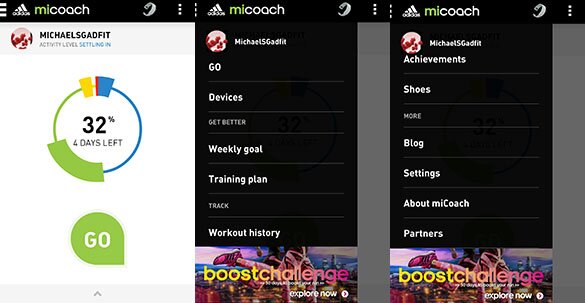 main menu miCoach app